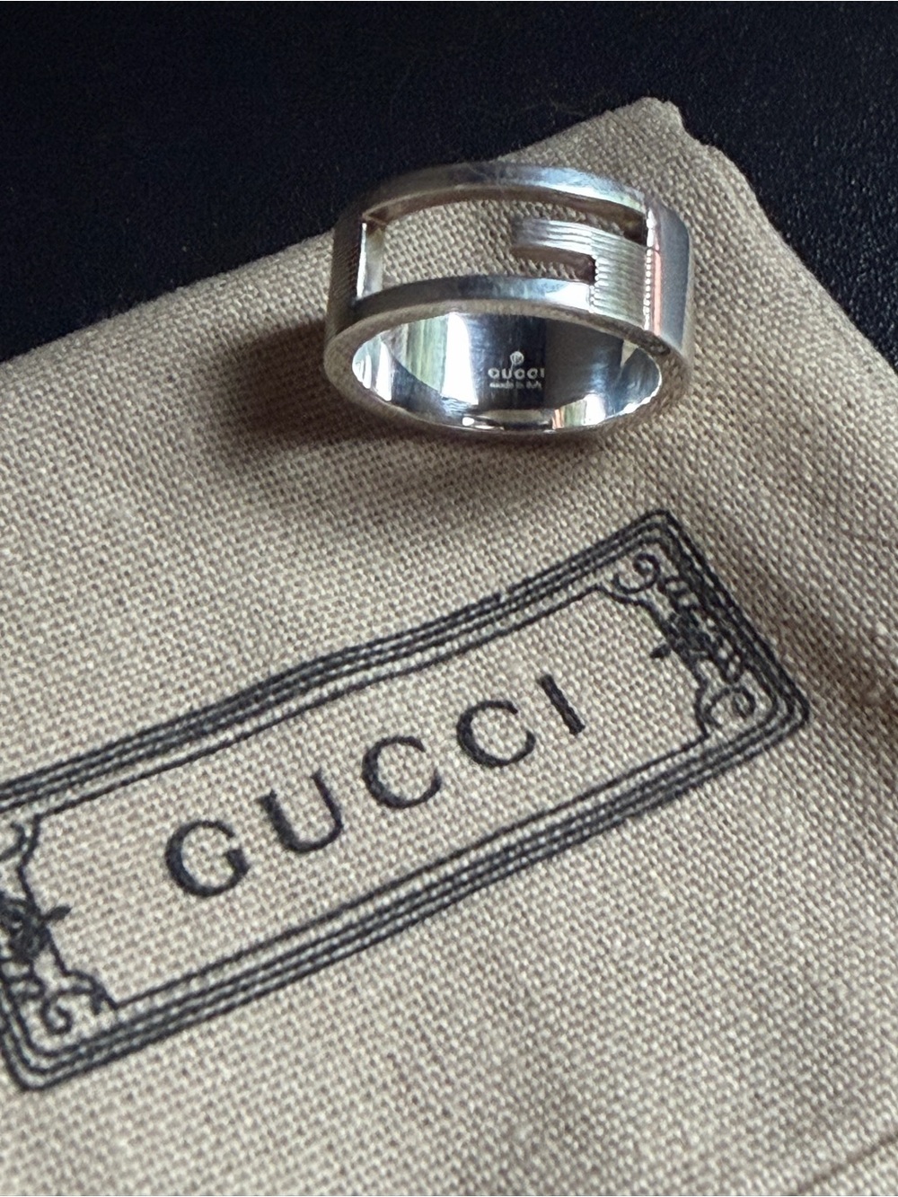 Gucci 925 Sterling Silver ‘G’ Cut-Out Ring Size 5.75 With Jewelry Dusty